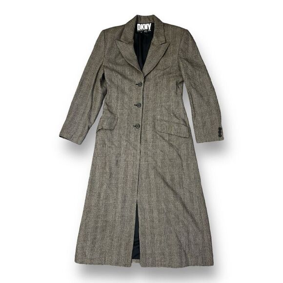 DKNY Vintage 100% Wool Plaid Lightweight Trench Coat Long Jacket Size 8 - Picture 1 of 7